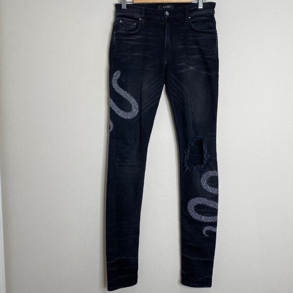 Amiri Glitter Snake Patch Broken Skinny Jeans Distressed Sz 30 FLAW - Picture 2 of 14